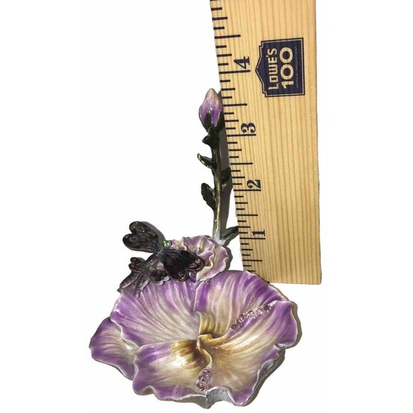 Dragonfly & Flower Ringholder Tray Trinket Enamel Over Heavy Metal With Crystals - Picture 7 of 8